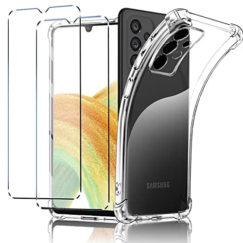 New&Teck - Cover per Samsung Galaxy A33 5G e 2 proteggi schermo in vetro temperato, custodia trasparente in morbido silicone TPU, antiurto con angoli rinforzati, protezione chiara