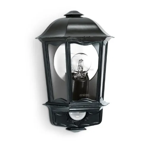 Steinel Lampada da parete L 190 S nero - Lanterna da esterni con sensore di movimento a 180°, E27, Raggio max. 12 m o 5 m, IP44 [Classe energetica A++]