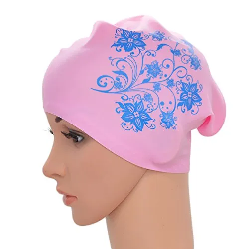 Medifier. Elastico per capelli lunghi in silicone, da donna, per piscina, cuffie, cappelli, con stampa a fiore, Pink