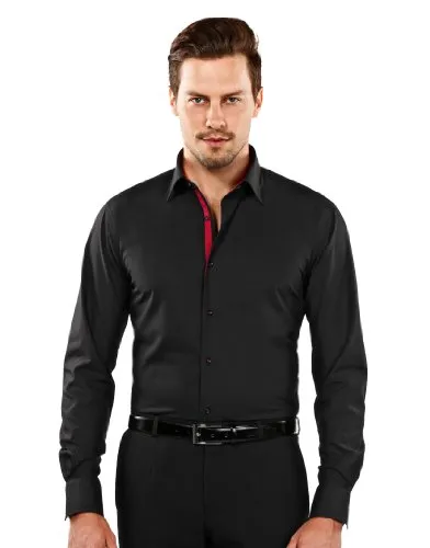 Vincenzo Boretti Camicia Uomo Eleganti, Taglio Aderente/Slim-Fit, Collo Classico, Manica Lunga, Nera con Inserti Interni Color Rosso Vino di Contrasto, Non Stiro/Non-Iron 37-38