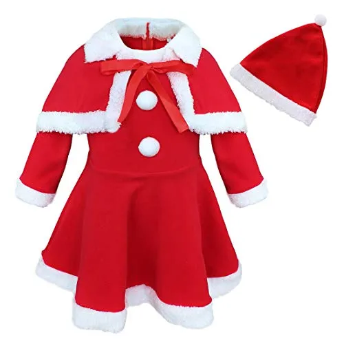 TiaoBug Costume Babbo Natale Neonata Bimba Vestito Natalizio Invernale Carnevale Partito Party Vestito di Natale 3 PCS Vestito Rosso + Mantella + Cappello 12 Mesi-3 Anni Rosso 24 Mesi