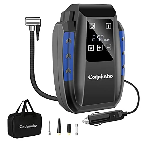 Coquimbo Compressore Portatile per Auto, Mini Pompa Elettrica con Schermo LCD Digitale e Torcia a LED, 12V Gonfiatore Pneumatici Auto con 3 Adattatori Ugelli (Inclusa una Borsa di Stoccaggio)