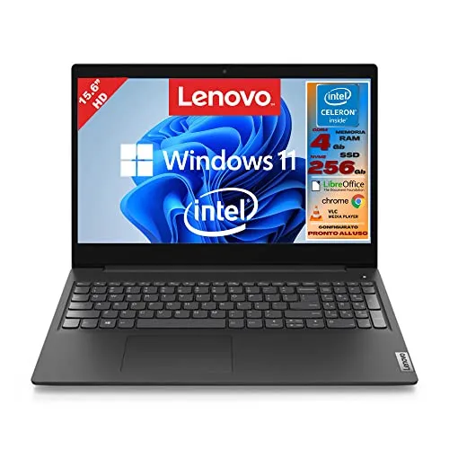 Lenovo, Pc portatile notebook, Display Full HD da 15,6", cpu Intel N4020, ram 4Gb, ssd m2 256Gb, windows 10 pro, computer portatile pronto all'uso