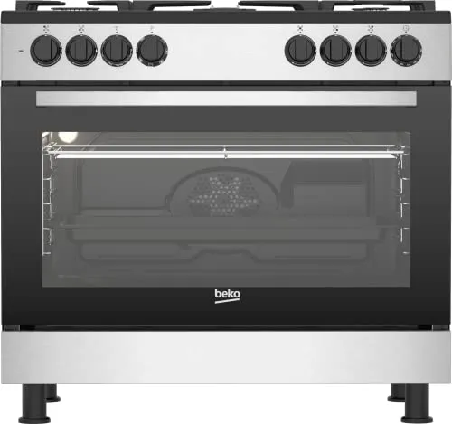 Beko - GM15122DXB - Cucina a Gas, 5 Fuochi 4+1 Wok, Forno Elettrico con Grill Multifunzione Ventilato - Acciaio Inox/Nero, 90 x 60 cm