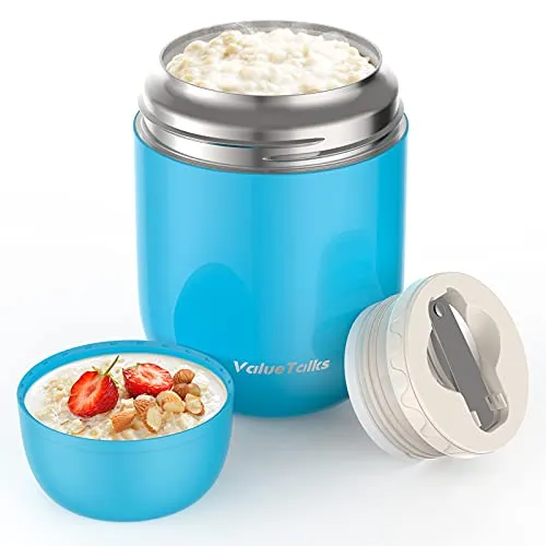 ValueTalks Thermos Alimenti 450ML,Vuoto Isolato Acciaio Inossidabile Thermos Acciaio con un Cucchiaio Pieghevole (Blu)