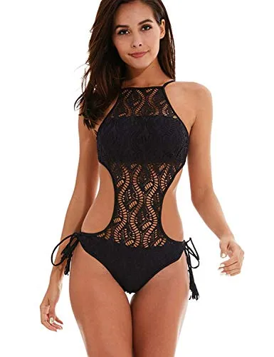 LATH.PIN-Costume Mare da Donna Trikini Costume in Pizzo Costume Intero Push up Bikini Bohemian Costume da Bagno Sexy Swimsuit One Piece Coordinati Beachwear (Nero, Medium)