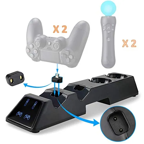 Thlevel Stazione di Ricarica per Controller PS4 / PS VR / Move, 4 in 1 Dock Station di Ricarica con Indicatore LED, Dual Charger Dock per DualShock 4 Gamepad e PS Move