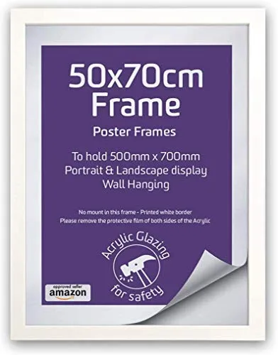Cornice portafoto in legno bianco in plexiglass, 50 x 70 cm, da appendere alla parete, verticale e orizzontale, colore: bianco