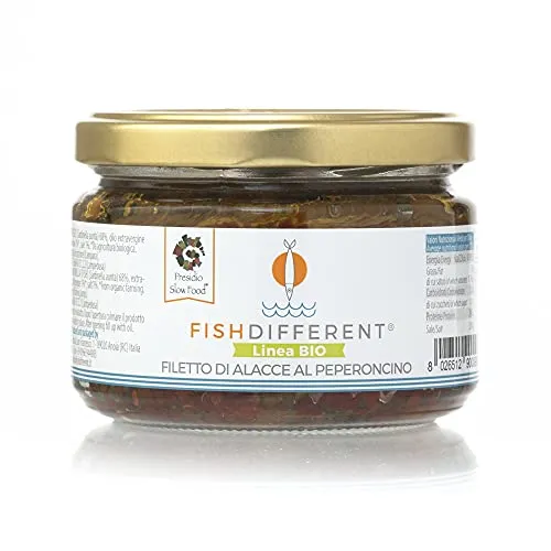Filetto di alacce al peperoncino, 250g, con olio extravergine di oliva e peperoncino da agricoltura biologica, 100% Made in Italy, da pesca sostenibile.