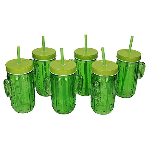 MamboCat Set di 6 Bicchieri da Cactus con Coperchio + Cannuccia I 350 ml I Verde I Long Drinks, Cocktail, softbevande, Effetto Cactus I Bar, Pub & Ristorante I Festa Messicana