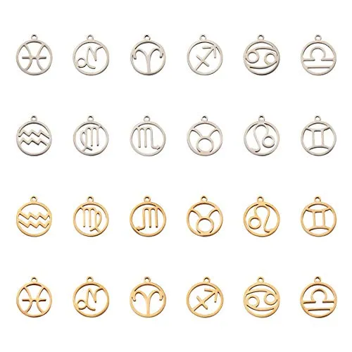 PandaHall - Ciondoli a forma di segno zodiacale, rotondi, 12 ciondoli a costellazione e Acciaio inossidabile, colore: Oro e argento, 18 x 16 x 1,5 mm, cod. STAS-TA0004-37-Yilisi-EU