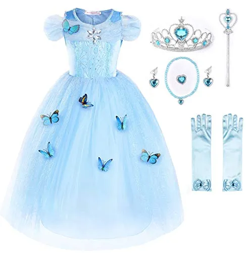JerrisApparel Nuova Cerimonia Vestito dalla Ragazza Principessa Costume con la Farfalla (110cm, Cielo Blu con Accessori)