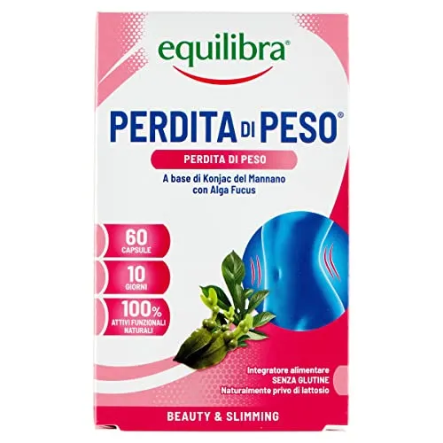 Equilibra Integratori Alimentari, Perdita di Peso, Integratore per Pedita Peso a Base di Fibra di Konjac e Alga Fucus, per Normale Metabolismo e Normale Funzione Tiroidea, Senza Glutine, 60 Capsule