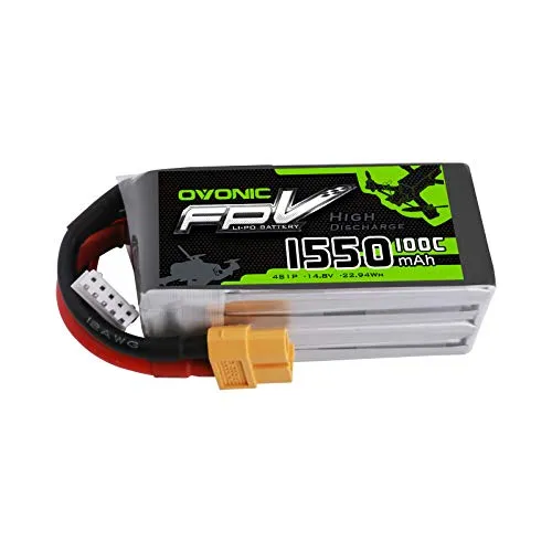 OVONIC Batteria FPV LiPo 14,8 V 1550 mAh 100C 4S con connettore XT60 per FPV Racing RC Quadricottero Elicottero Aeroplano Multi-Motore Hobby Parti Fai-da-Te