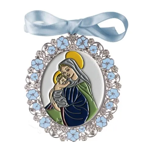 Medaglia per culla o passeggino di Vergine con Bambino in Argento Bilaminato, disponibile in colori rosa, blu .smaltato, personalizzabile