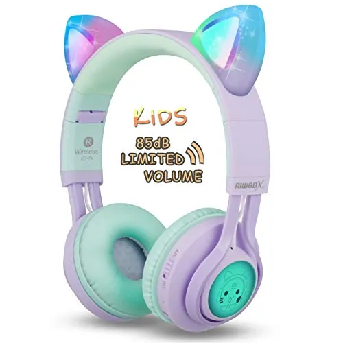 Kids cuffie, Riwbox ct-7s 85DB volume Limiting cuffie Bluetooth protezione acustica, LED light up Kids wireless cuffie over Ear con microfono per iPhone/iPad/Kindle/laptop/PC/TV Purple&Green