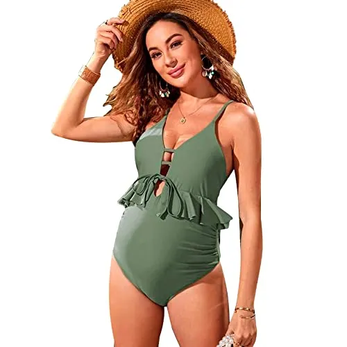 Tofern Costume da Bagno Premaman Intero Piscina Donna Curvy con Volant e Scollo a V Senza Schienale Regolabile Push up Costumi da Bagno Spiaggia