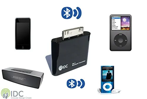 IDC© – Trasmettitore Bluetooth per iPod, l’adattatore iBlu per ascoltare musica o audio in streaming, senza fili, si collega agli altoparlanti Bluetooth, unità di docking, a cuffie o auricolariCompatibile con tutti gli iPod non Bluetooth, iPod Classic, iPod Nano, iPod Touch, iPod mini e iPod Video.