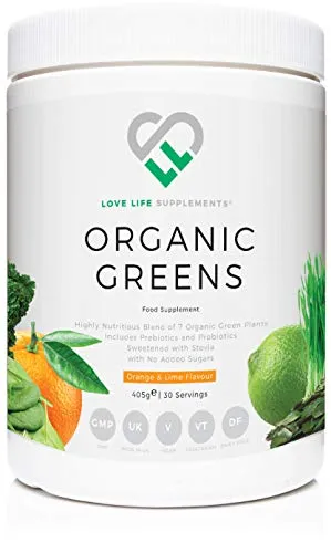 Organic Greens di LLS | 405g - 30 porzioni | Contiene 7 ingredienti biologici: Inulina, Cavolo nero, Spirulina, Spinaci, Seagreens, Erba di grano, Clorella plus Lactospore® (arancia e lime)