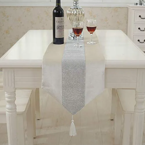 DELIBEST, runner da tavola, atmosfera elegante, semplice e moderno, diamante, nobile e lussuoso, Seta, bianco, 12.6*82.7''(32*210cm)