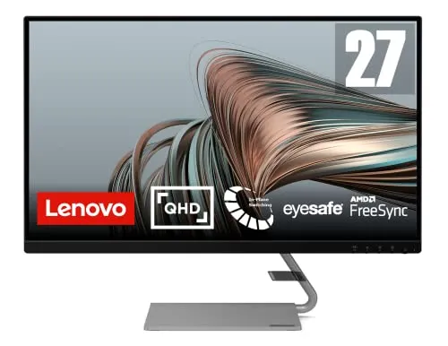 Lenovo Q27q-1L 27 pollici QHD IPS FreeSync Gaming Monitor 75 Hz 4 ms DP+HDMI bordi ultrasottili con altoparlanti (2x 3W) e Natural Low Blue Light - Nero corvino / base in metallo