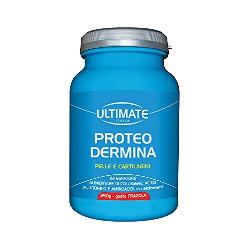 Proteo dermina - pelle e cartilagini - integratore alimentare molto ricco di collagene - acido ialuronico e aminoacidi - gusto fragola - 450 g - Ultimate Italia.