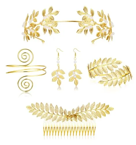 CASSIECA 5 Pezzi Dea Greca Costume Accessori Set per Donna Dorato Romano Foglia Alloro Corona Fasce Capelli Braccialetto Bobina Perla Orecchini Pendenti Sposa Copricapo Festa Gioielli