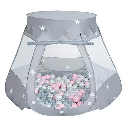 Selonis Tenda 105X90cm/300 Palline Castello Con Palline Colorate Per Bambini, Grigio:Perla/Grigio/Trasparente/Rosa Chiaro