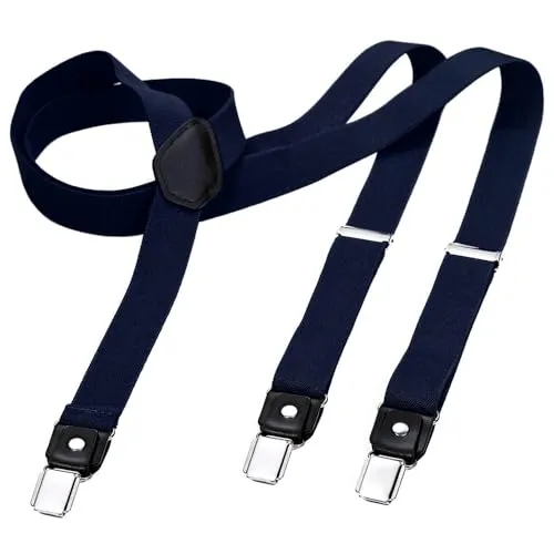 DonDon Bretelle da uomo eleganti strette 2,5 cm con 3 clip extra forti e toppa in pelle blu