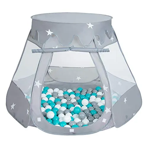 Selonis Tenda 105X90cm/200 Palline Castello Con Palline Colorate Per Bambini, Grigio:Grigio/Bianco/Turchese