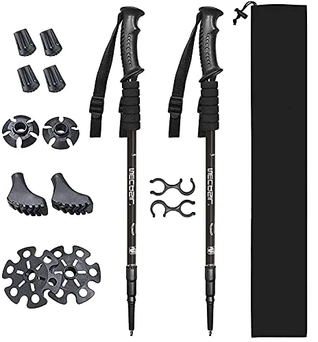 2 Pezzi Bastoni Trekking Telescopici, Bastoncini da Trekking Bastoncini Nordic Walking 3 Sezioni Lunghezza Regolabile 65-130cm Antiurto Ultraleggero Bastoncini Trekking Estensibile Racchette Trekking