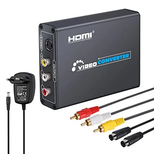 LiNKFOR Convertitore HDMI a Composito 3RCA AV S-Video R L con Alimentatore Upscaler Adattatore Audio Video Supporta 720P 1080P con Cavo RCA e S-Video per PC Laptop PS3 TV VHS Blu-Ray DVD VCR
