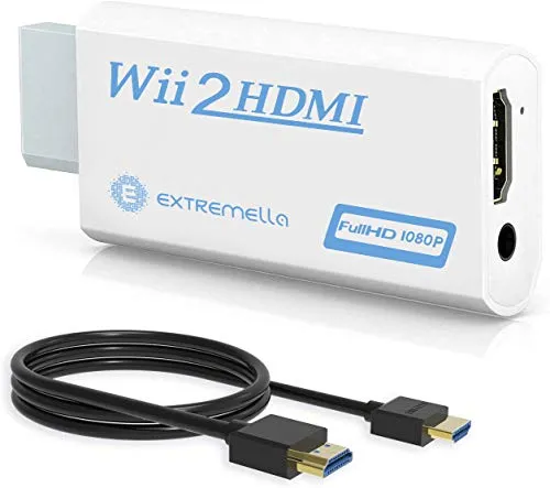 Extremella Convertitore da Wii a HDMI & Set di Cavi, Adattatore Wii2HDMI, Connettore Console di Gioco Wii a HDMI Video 60Hz 720P 1080P & Uscita Audio 3,5mm (Bianco)