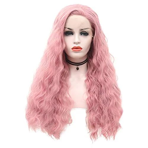 qingbaobao Parrucca Anteriore in Pizzo Sintetico di Alta qualità ， Capelli Ricci Lunghi Ondulati Rosa Fiber Fibra Resistente al Calore ， Parrucche Cosplay Femminili （28 Pollici）