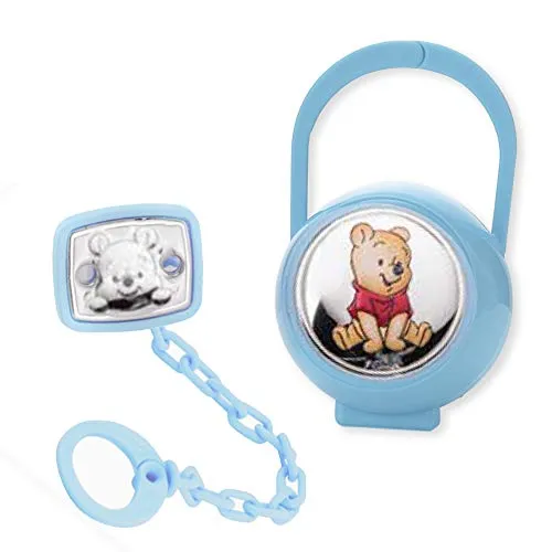 Disney Baby Winnie The Pooh - Clip Ciuccio, Catenella Portaciuccio con Box in Argento per neonato o bambino