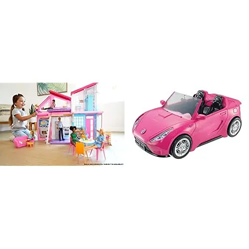 Barbie- La Nuova Casa di Malibu, Playset Richiudibile su Due Piani con Accessori, 61 cm, Giocattolo per Bambini 3+ Anni, FXG57 &Cabrio Glamour Auto Due Posti, Colore Rosa, DVX59