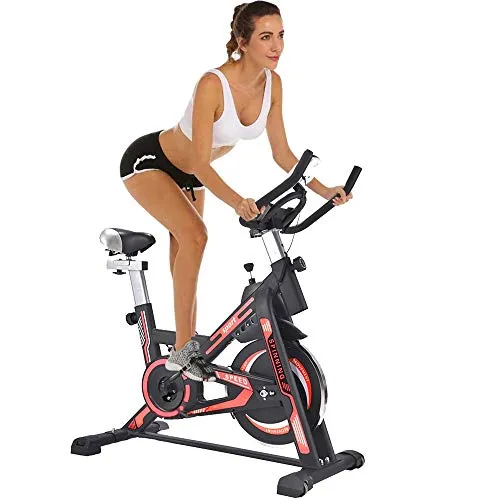 BAKAJI Cyclette Spinning Bike Bici Allenamento Fitness Cardio Gambe Pancia Fianchi con Sediolino Imbottito Regolabile e Display LCD Struttura in Acciaio Inox (Rosso)