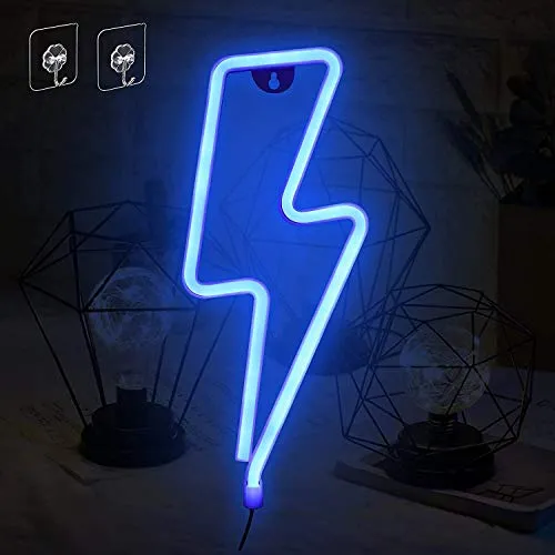 Umitive Insegne al Neon Fulmine, Luci al Neon Forma di Fulmine LED Blu con 2 Ganci, Alimentazione USB o Batteria, Risparmio Energetico, Segno al Neon per Decorazione da Parete, Soggiorno, Festa, Bar