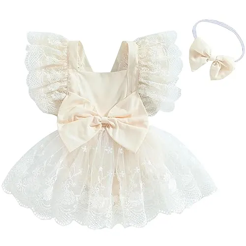 2 Pz Completo Elegante Bimba Tutina Estiva Neonata Manica Volant Vestito Neonata Cerimonia Abito Elegante Neonata Bodysuit Tutu Neonata in Pizzo Tutina in Tulle Battesimo+Fascia (Beige, 0-6 Months)