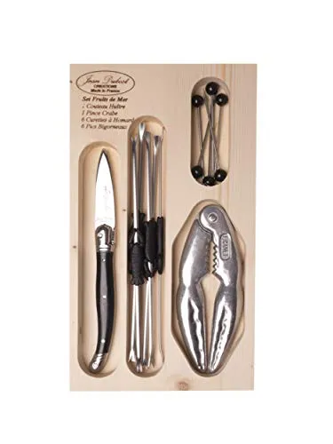 Laguiole Jean Dubost 97916 - Set di Posate per Frutti di Mare in Cofanetto in Legno, Composto da 1 Coltello da ostriche, 6 forchettine per astice, 6 stuzzicadenti con pomello e 1 Pinza per crostacei