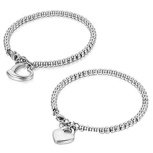 JewelryWe Gioielli Braccialetto Fortunato per Le Donne, Acciaio Inossidabile Lucido, Bracciali per spose, Palle Stile Semplice, Ciondolo Cuore Dolce per Good Fortune, Colore Argento Rosa dell'oro