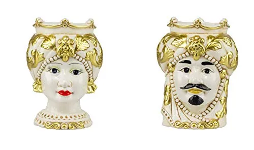 ILAB Coppia teste di moro regina e re in ceramica siciliana harmony decorata a mano oro,altezza 25cm,soprammobili in ceramica,ceramica siciliana