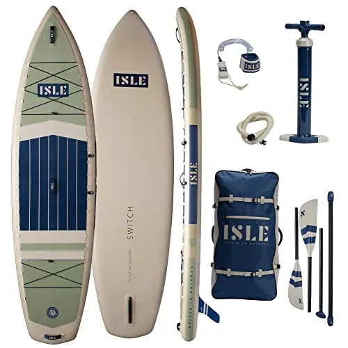 ISLE Switch Gonfiabile Hybrid Kayak-Stand Up Paddle Board | 2in1- Kayak & Paddle Board Bundle, Incluso. Seggiolino da kayak, pagaia,pompa a mano,borsa da viaggio,29,5x90x14 cm - max. 193kg - Aqua/Navy