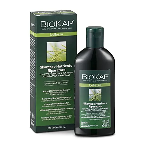 BIO KAP Shampoo Nutriente Riparatore, Shampoo capelli secchi con Fitokeratina da Riso e Ceramidi Vegetali, Shampoo riparatore per doppie punte, 200 ml