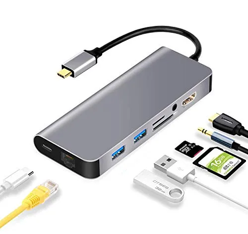 LC-dolida USB C Ethernet Hub, Adattatore da Tipo C a HDMI, Compatibile con MacBook, MacBook PRO, Samsung Dex per Galaxy S9, S8, Note 9, 8, Nintendo Switch Adattatore 8 in 1 Grigio.