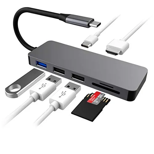 HOPLAZA Hub USB 7 in 1, Adattatore hub di Tipo C, 3 Porte USB 3.0, Lettore di schede TF/SD, Porta 4K HDMI, Alimentatore USB-C, per MacBook/MacBook PRO 2017/2018 (Gray Space)