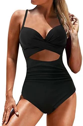 JFAN Costume Intero da Donna Estivo A Vita Sottile con Scollo Incrociato E Scollo Basso Vintage Swimsuit Push Up Un Pezzo Costume da Bagno,M Nero