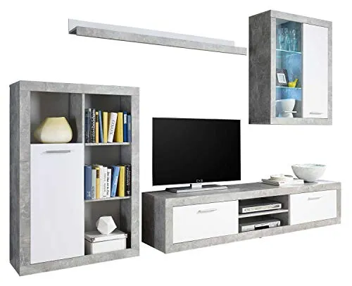 AVANTI TRENDSTORE - Mero - Parete da Soggiorno con Illuminazione LED Compresa, Disponibile in 2 Diversi Colori (Grigio-Bianco)