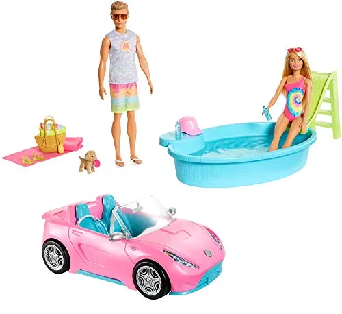 Barbie- Bambole Ken in Costume da Bagno con Auto Cabrio, Piscina con Scivolo e Accessori Giocattolo per Bambini 3+Anni, GJB71