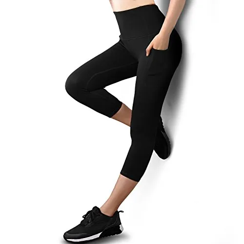 GRAT.UNIC Leggings Sportivi Donna,Donna Capri Leggings con tasche laterali,Maglia Eleganti Leggings Sport,Allenamento Opaco Yoga Fitness Spandex,Palestra Pantaloni Leggings Push Up (Nero 3/4, S)